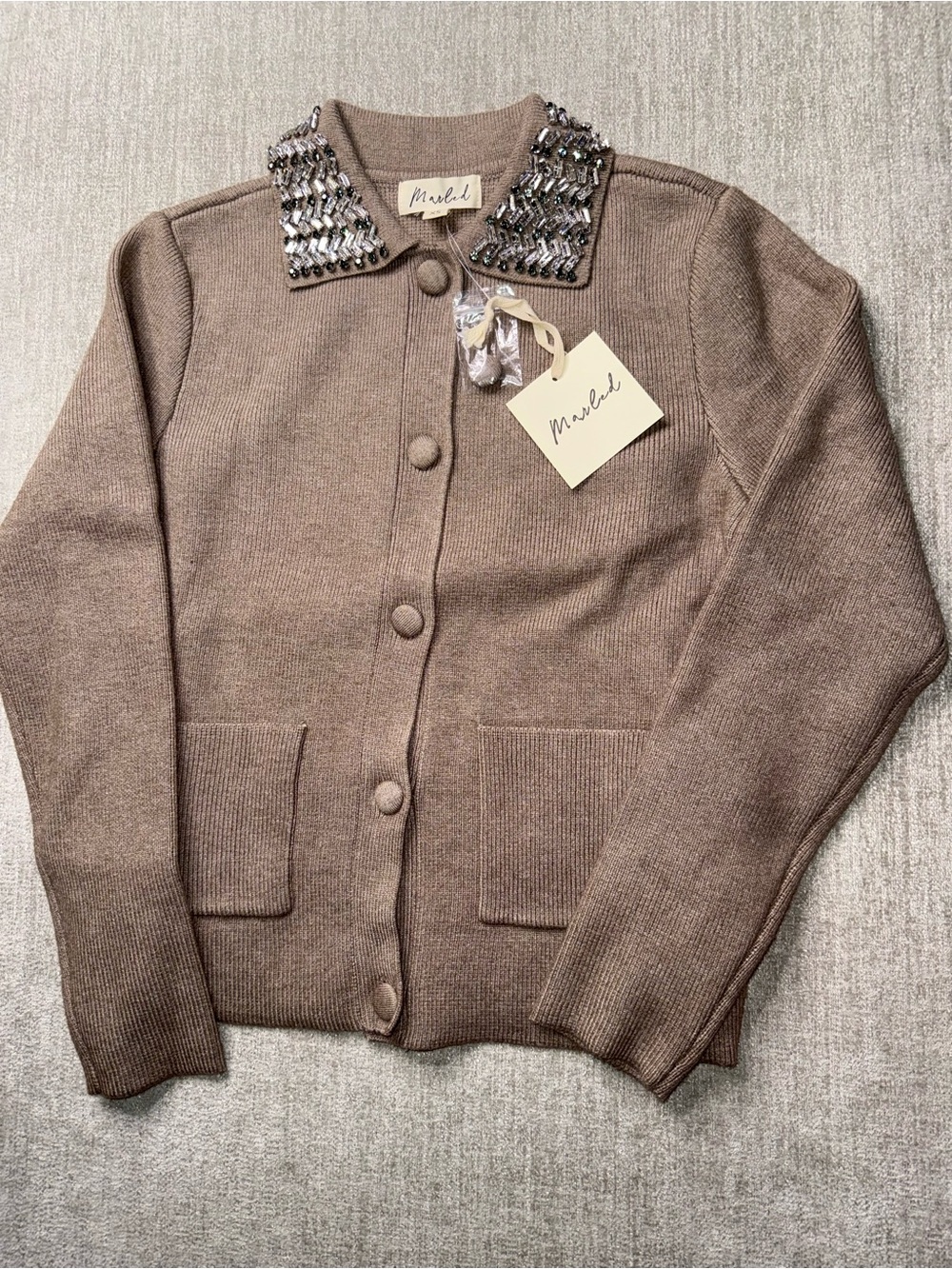 Marled Taupe Crystal Rhinestone Collar Cardigan Jacket XS NWT